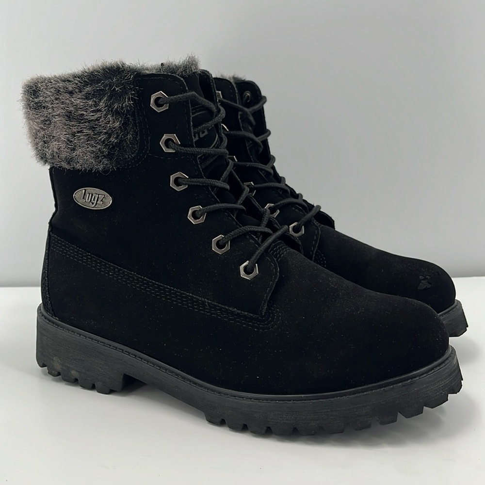 Lugz Convoy Fur Trimmed Ankle Combat Moto Boot Black Lace Up Lug Sole Suede 6.5